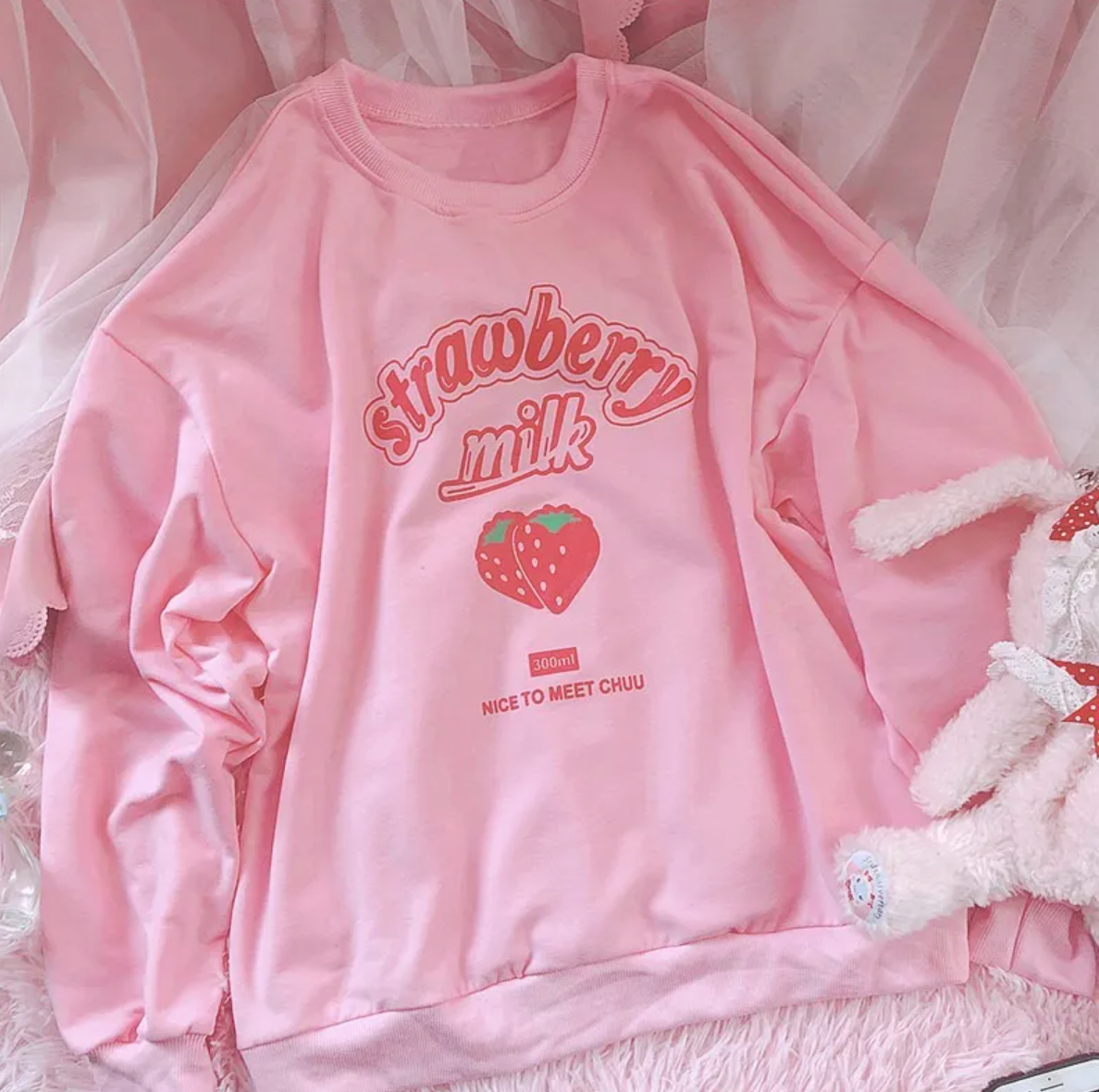 Kawaii Light Pink Strawberry Sweatshirt