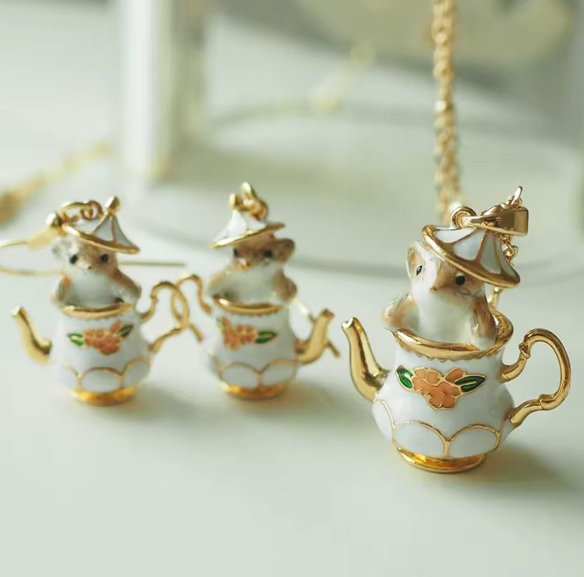 Enamel Teacup Hamster Jewelry Set – Cute Animal Earrings & Necklace