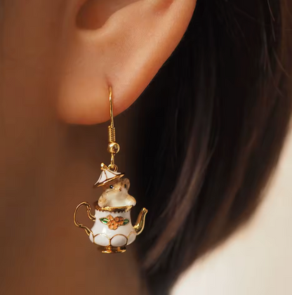 Enamel Teacup Hamster Jewelry Set – Cute Animal Earrings & Necklace