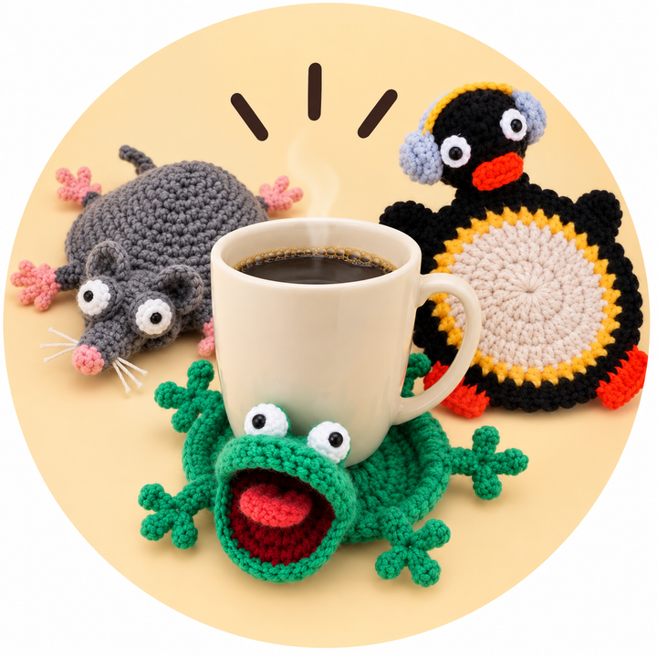 Translation missing: en.Funny Crochet Animal Mug Coasters – Frog, Rat &amp; Penguin Cup Coasters