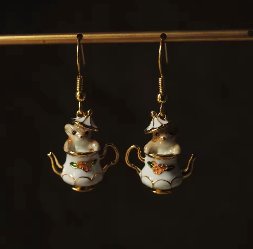 Enamel Teacup Hamster Jewelry Set – Cute Animal Earrings & Necklace