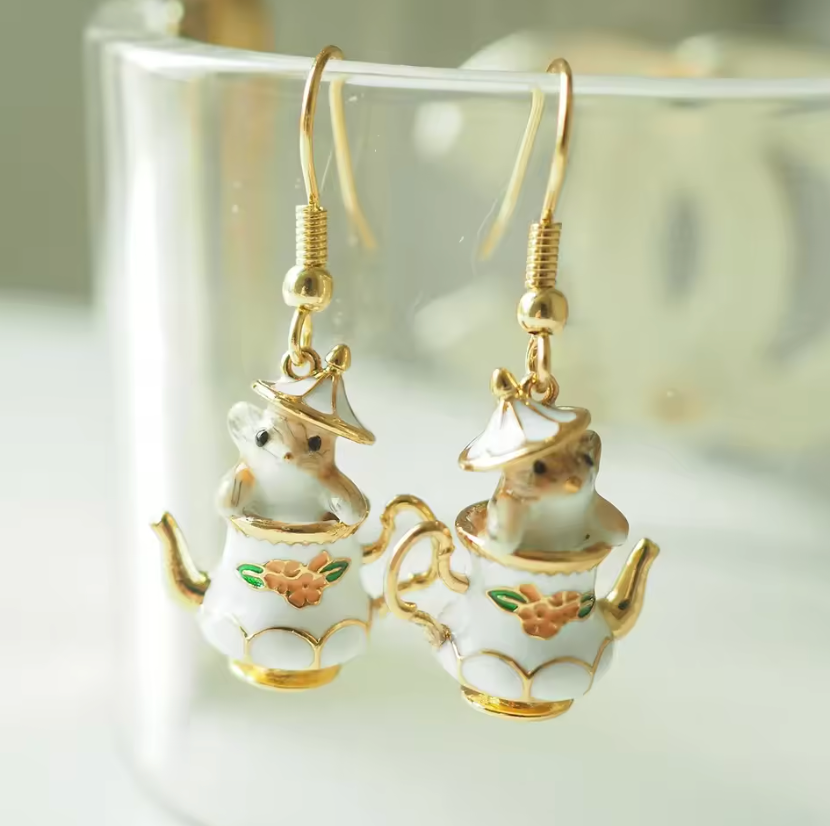 Enamel Teacup Hamster Jewelry Set – Cute Animal Earrings & Necklace