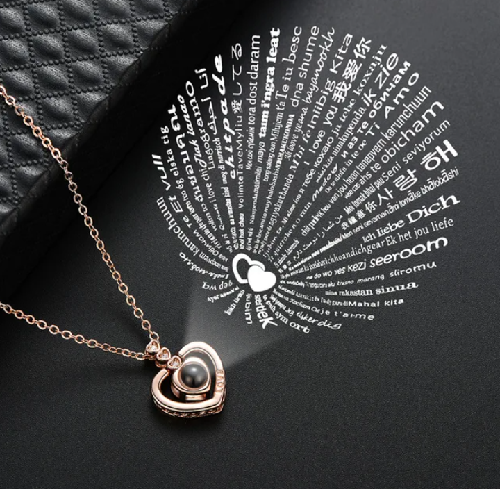 I Love You in 100 languages projection necklace