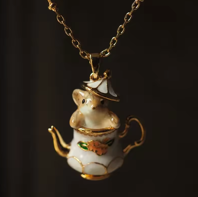 Enamel Teacup Hamster Jewelry Set – Cute Animal Earrings & Necklace