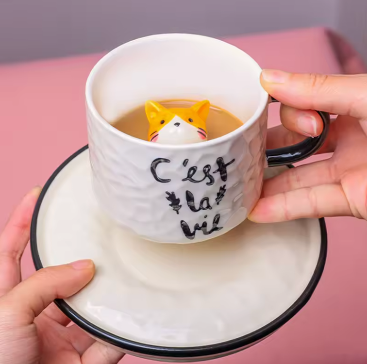 Hidden Cat Ceramic Mug and Plate