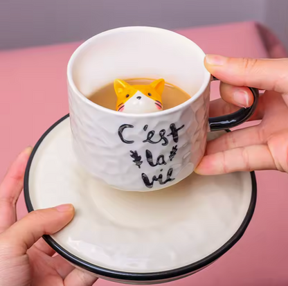 Hidden Cat Ceramic Mug and Plate