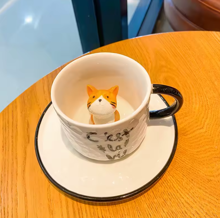 Hidden Cat Ceramic Mug and Plate