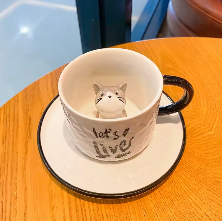 Hidden Cat Ceramic Mug and Plate