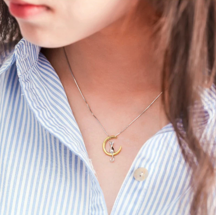 Sterling Silver Cat On The Moon Necklace