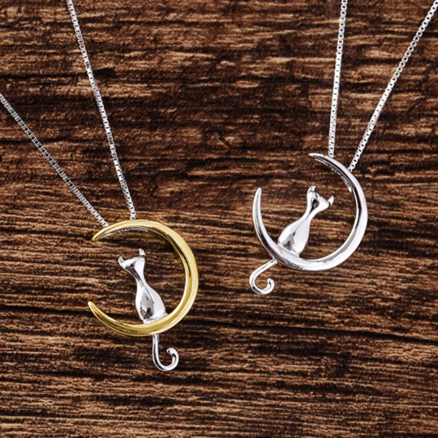 Sterling Silver Cat On The Moon Necklace