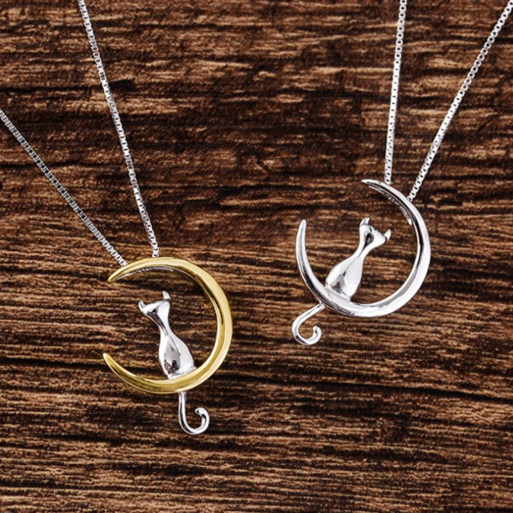 Sterling Silver Cat On The Moon Necklace
