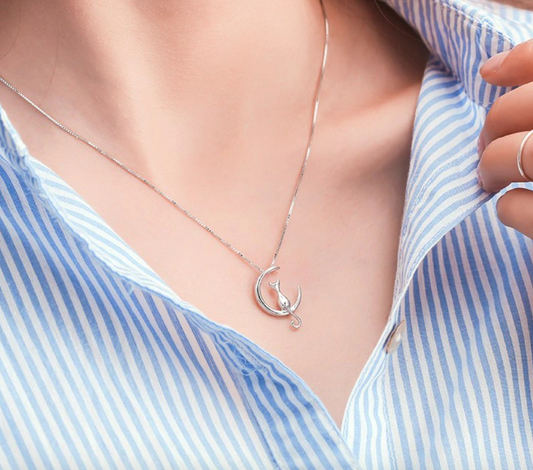 Sterling Silver Cat On The Moon Necklace