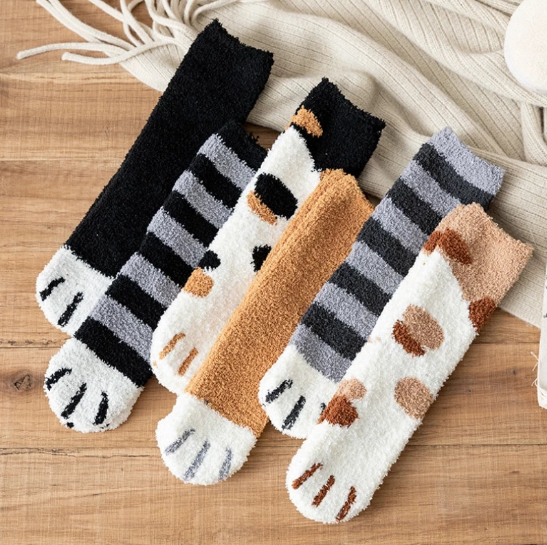Kawaii Cat Paw Fuzzy Socks, Animal Paw Pattern, Bed Socks, Warm & Soft