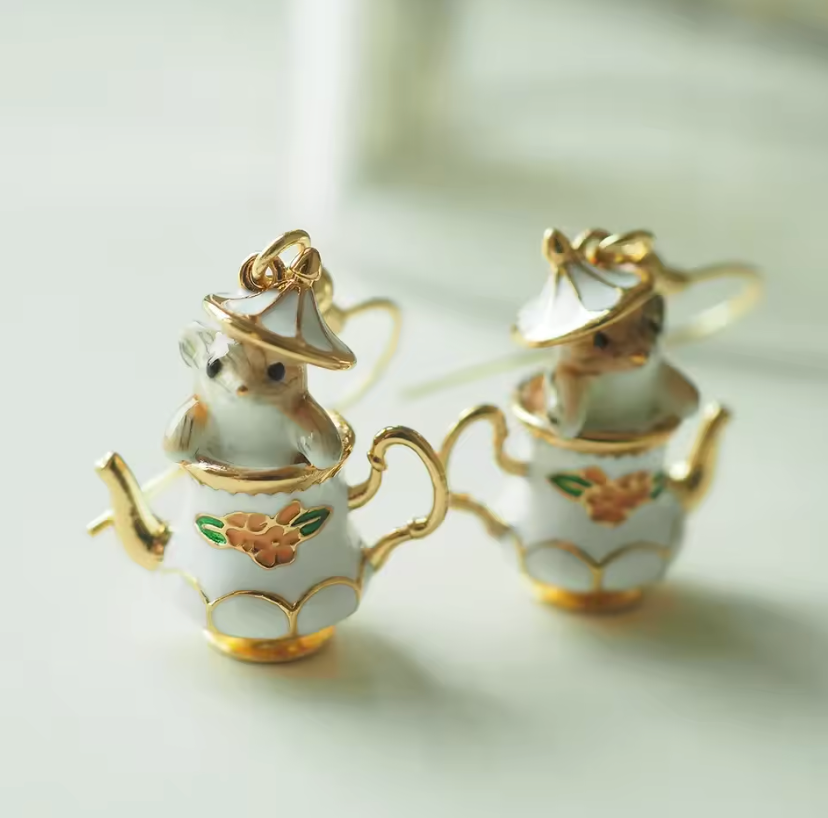 Enamel Teacup Hamster Jewelry Set – Cute Animal Earrings & Necklace