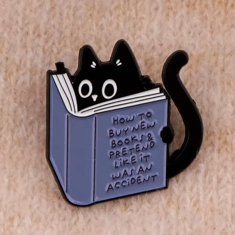 HOW TO BUY NEW BOOKS CAT ENAMEL PIN