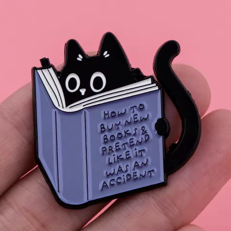 HOW TO BUY NEW BOOKS CAT ENAMEL PIN