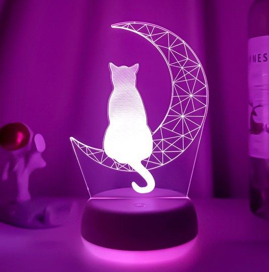 Half Moon Kitty Cat 3D Night Light Multi Color Changing Illusion Lamp